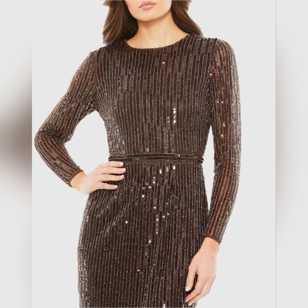 NWT Size 12 Mac Duggal Espresso Brown Long Sleeve Sequin Mini Dress